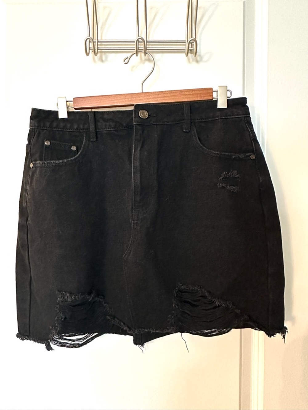 Missguided Black Distressed Denim Mini Skirt